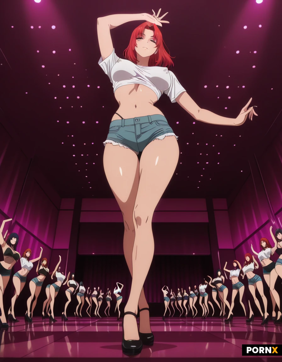 girl in the club, dancing, mini shorts and mini shirt, visible part of breasts, focus on breast from below, looking at viewer, erect nipple's under the shirt, full body