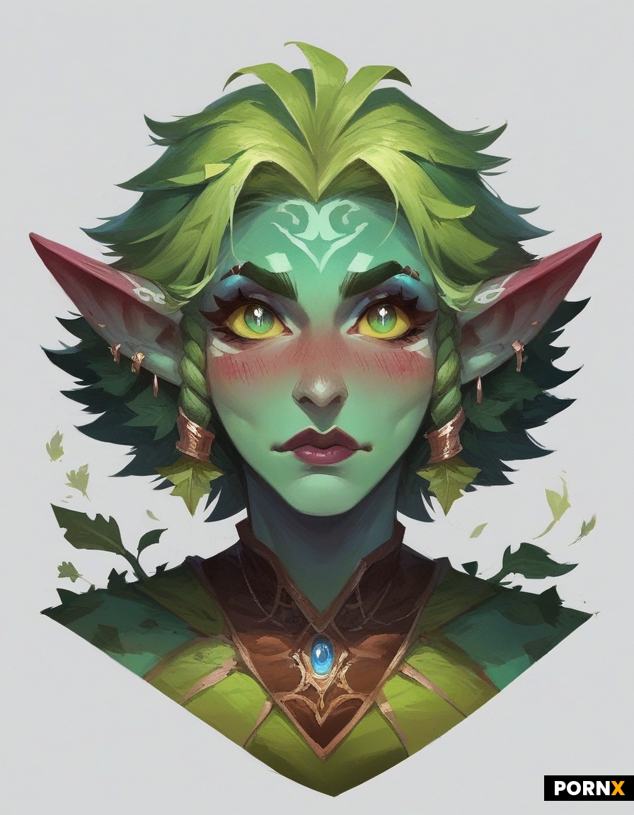 concept-art painterly + goblin-girl portrait + big cute eyes + pale green skin + green leafs hair + 