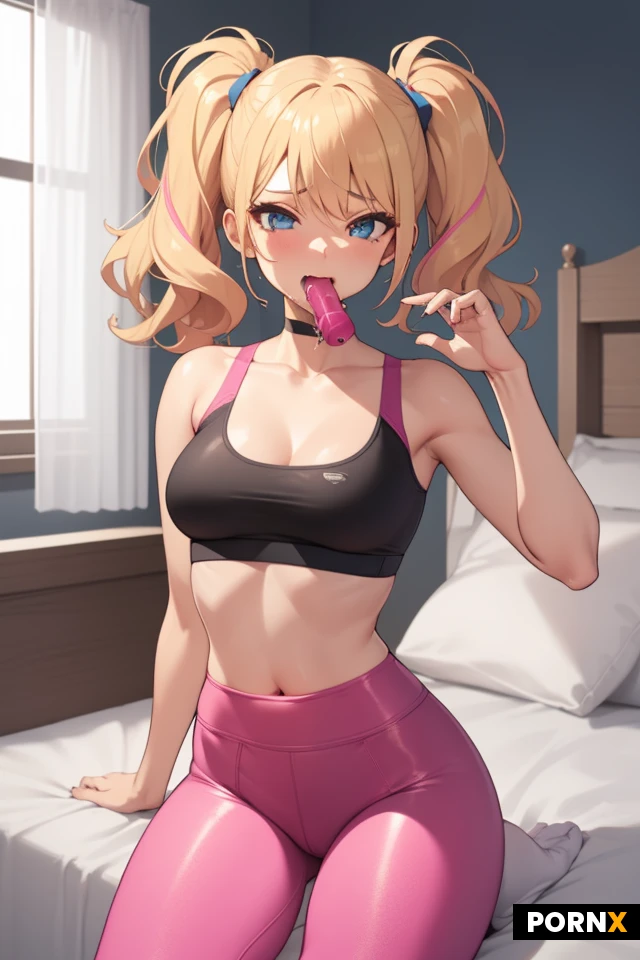 Woman, One, Skinny, small breasts, Cute face, leather Choker, Tight top, sports bra, yoga pants, high waisted Thong, Kinky hair, twin tailed hair, Blue eye color, blonde hair, bedroom, Pink outfit, massive dildo in mouth, sucking on dildo,