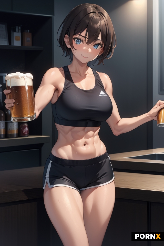 Sweaty Tomboy getting a beer out of the fridge