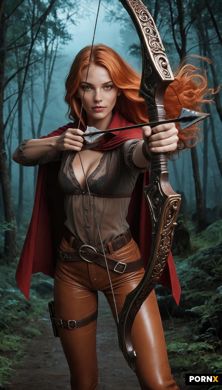 she aims with an big ornamented hunting bow and arrow in your direction