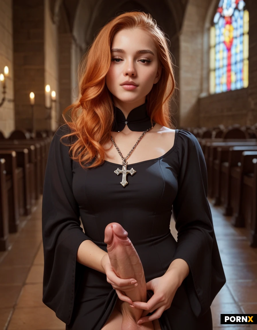 Stone altar, (futanari:1.3), hand strocking penis, ginger hair, cute babe, cute french model, tight clothes,solo, near a church, low-cute clothes,cuming to someone,