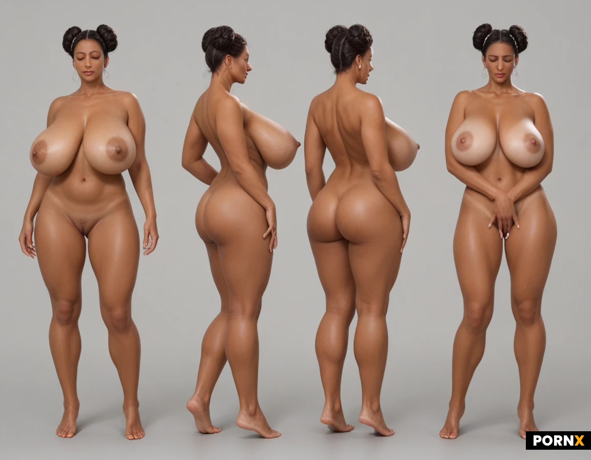 beautiful mature woman, dark hair in space buns, tanned olive skin, large natural breasts, fingering herself, hand between legs, masturbation, eyes closed, completely naked, nude, no clothes, neutral pose, voluptuous nude female, enormous breasts, full body front view, white background, character design sheet layout, model sheet format, technical aesthetic, precise linework, soft shadow minimal, studio lighting, softbox lighting, eye level angle, medium shot, erect nipples, clinical mood, huge boobs, oversized breasts, massive breasts, Atomictits