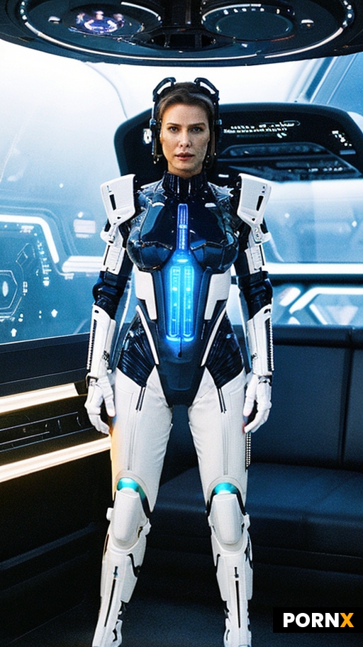 Hyper-realistic digital painting of a cybernetic 40-year-old female android