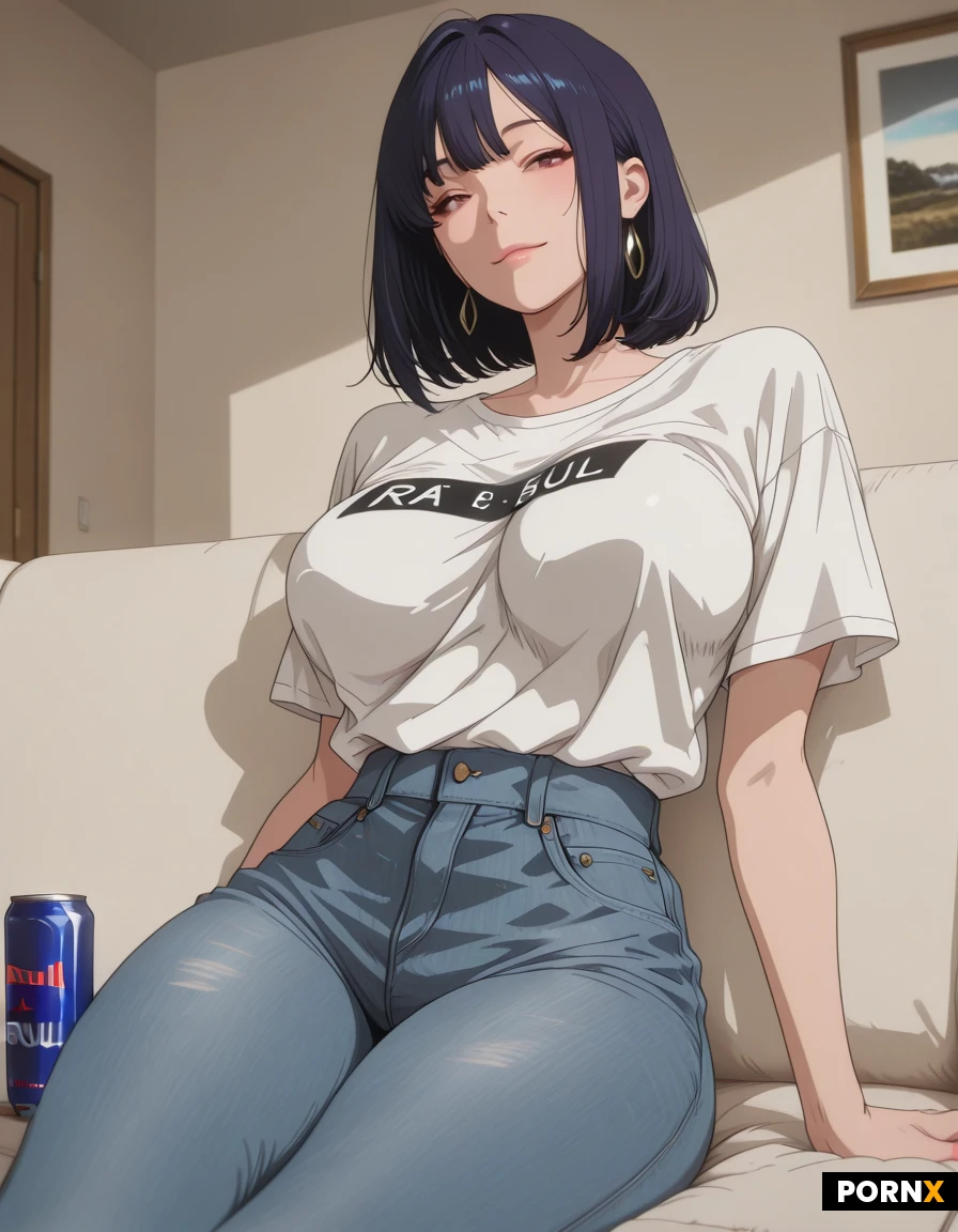 A 18 adult woman relaxing at home with big breast, sitting comfortably on a sofa and drinking a can of Red Bull. She is wearing a stylish casual outfit, such as a fashionable oversized T-shirt and jeans. Cozy modern living room, simple uncluttered background, natural relaxed expression, soft indoor lighting, realistic photography, high detail, cinematic composition, 4K quality, no text, no logos, no sexualized posing.
