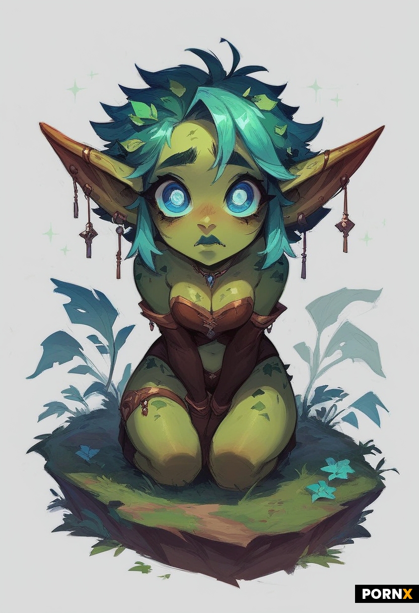 concept-art painterly + goblin-girl + big cute eyes + pale green skin + green leafs hair + white bac