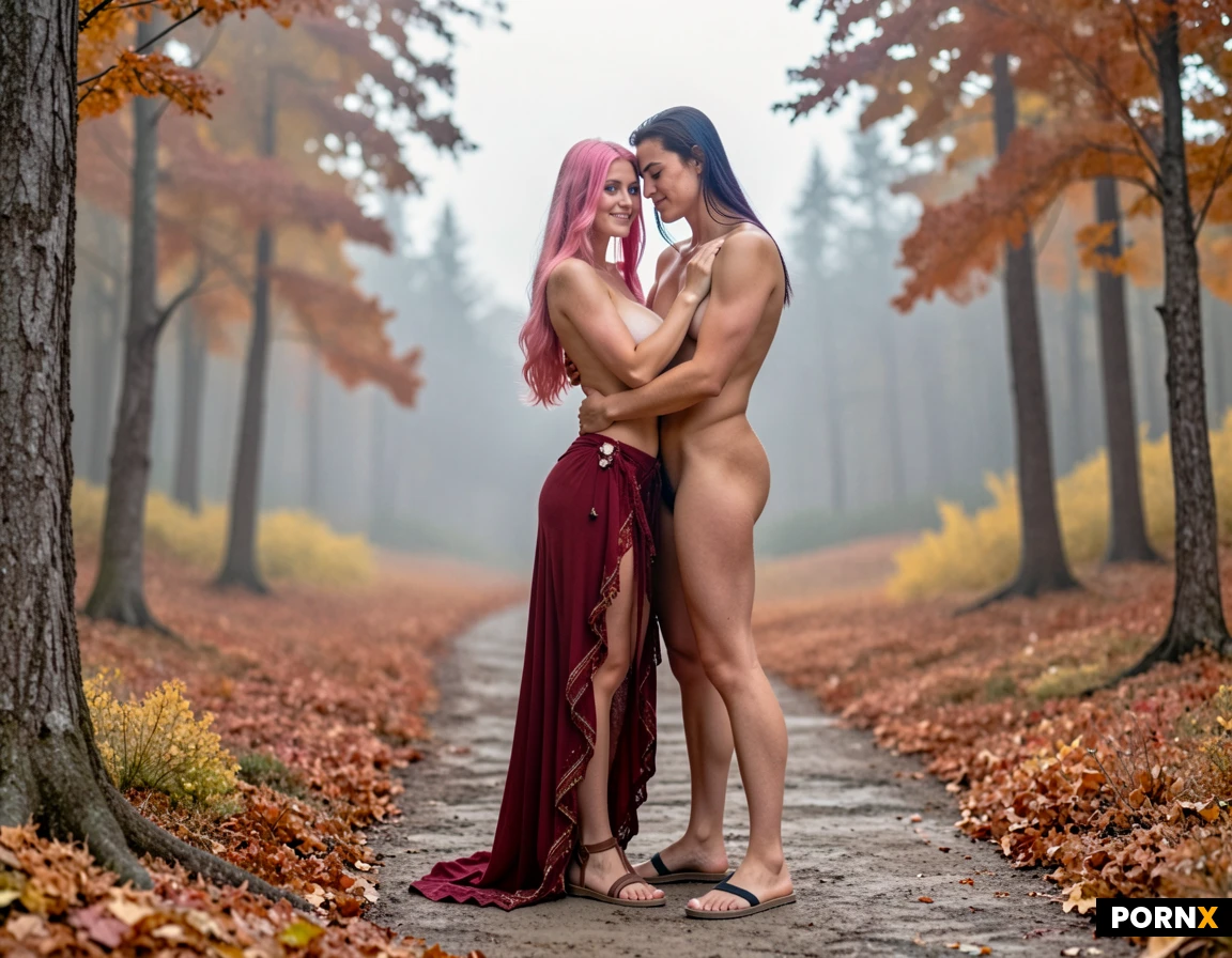 masterpiece, best quality, highres, absurdres, 2people, couple, 1girl, 1boy, long_hair, topless, nude, gypsy_skirt, flower_skirt, roman_sandals, embracing, standing, smiling, sexy, autumn, forest, clearing, evening, sunset, soft_light, full_body