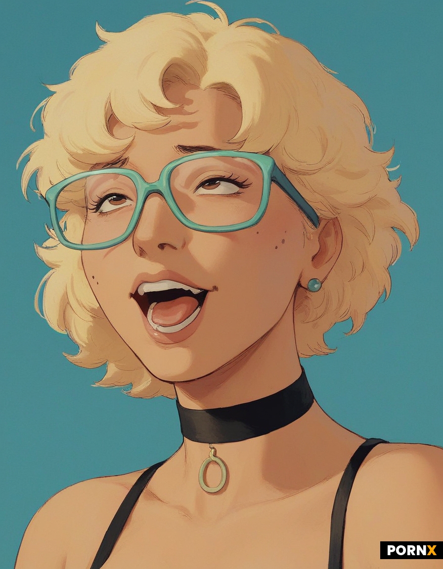 A cute 20-year-old busty latina nerd with glasses wears a choker