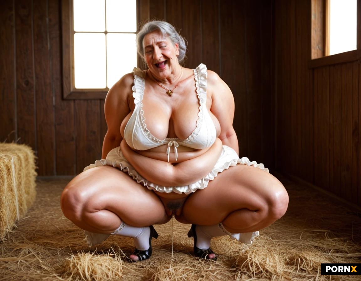 ((((gilf)))), ((obese)), bavarian, elderly farmer woman, short, massively obese, broad waist, enormous hips, thick thighs, heavy calves, sagging breasts, messy silver hair, braided bun, flushed cheeks, deep wrinkles, weathered face, traditional dirndl, white linen blouse, embroidered bodice, long wool skirt, stained apron, wool stockings, leather shoes, open neckline, laughing face, ecstatic expression, old bavarian farmstead, timber barn, hay bales, alpine meadow, wooden fence, realistic face, natural skin texture, fine pores, authentic aging, hdr, ultra sharp, 8k,realism,fantasy,unreal engine,vaginal penetration,sex,