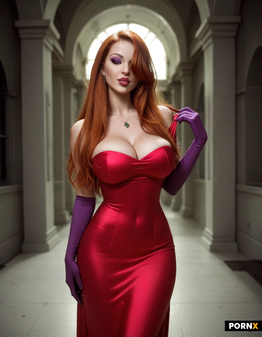 masterpiece, best quality, highres, absurdres, 1girl, solo, long_hair, hair_over_one_eye, red_hair, purple_eyemakeup, plump_lips, huge_breasts, breast_expansion, tiny_waist, striptease, blowing_kiss, stage, nightclub, jazz, spotlight, red_dress, strapless_dress, tube top, purple_gloves, Red dress, purple gloves. (long hair: 2.1) (huge tits: 1.7) Red hair. Tube top. Hourglass figure. X vintage style. Noir. Hair over one eye. Purple lighting. Pink lighting. Ginger hair. Tube top. Tube dress. Ginger hair. Long purple gloves. Red dress. Freckles on her face. Tight dress. Pinup bombshell beauty. Glittery dress. Hair over one eye. Sultry. Pinup bombshell burlesque beauty. Tube top.