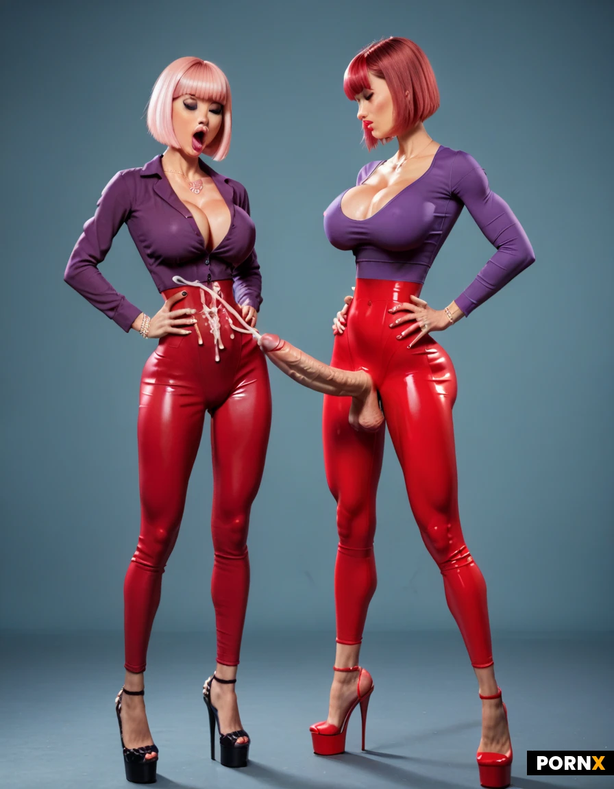 beautiful slender asian woman, pink-red hair in a ponytail, slim delicate body, small breasts, cyberpunk outfit, neon accents, latex, tech wear, glowing details, sci-fi control room, glowing screens, consoles, blue lighting, (Futanari),asian,(milf),(large breasts:1.5),(cleavage),(dark purple shirt),(thin waist:1.3),(red pants),(dark pink hair),(big cock),(long cock),high heels,tight long sleeve,(skin tight clothes),(cumming:1.6),(orgasm),(dominant stance),(domineering),feminine arms,(straight hair),(bob cut),(bangs),(slim:1.5),(fit:1.5),(thin:1.3),(bimbo),(standing),(hands on waist)