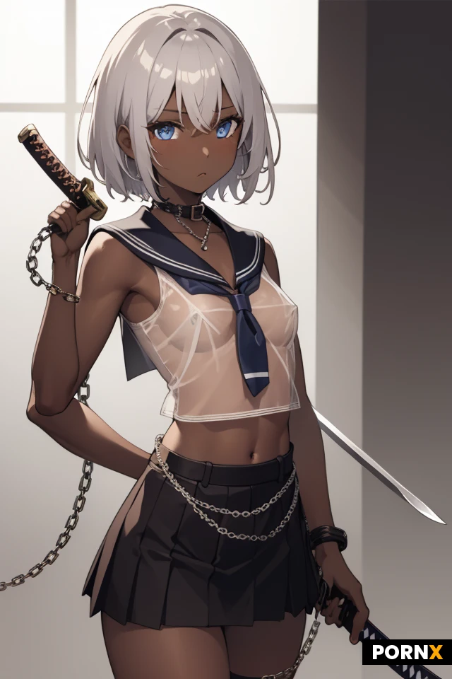 1girl, solo, silver hair, very short hair, blue eyes, cool expression, boyish face, dark skin, small breasts, toned body, thin build, collar with long chain, japanese sword, see-through sailor uniform, no bra, no skirt, see-through thong, sword belt, katana