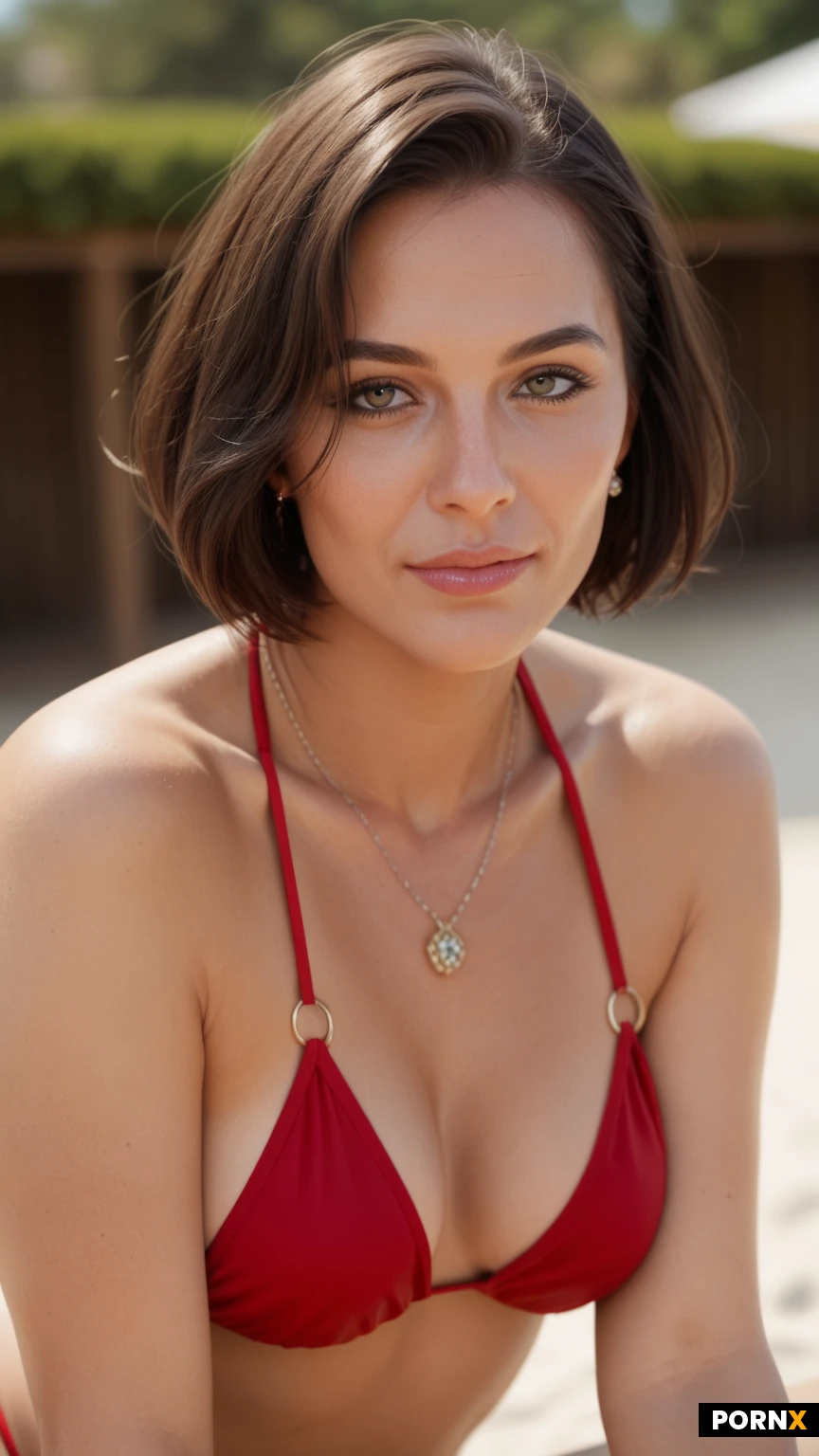 slightly messy dark brown bob-cut hair,39 years old Spanish milf, perfect skin, cute, slim, cocktail, red bikini, small round natural breasts, close up, sunshine, beach bar