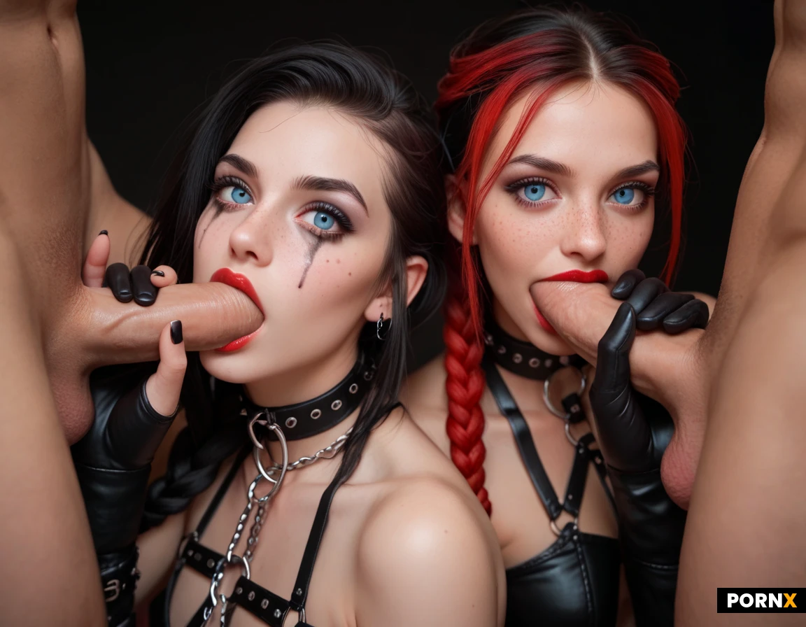 Basic Promt: Prompt Sexy slim model,22 years old,race: scandinavian. skinny,(face:1.9),long black hair. braided hair with red highlights, blue eyes,big eyes. pale. freckles. goth. running mascara. spike chocker. leather chain harness. garter belt. lace gloves. red lipstick. 2 girls. threesome.
big dicks, (gangbang:1.1), (double handjob:1.2), (double anal:1.1), airtight,(double penetration:1.2)