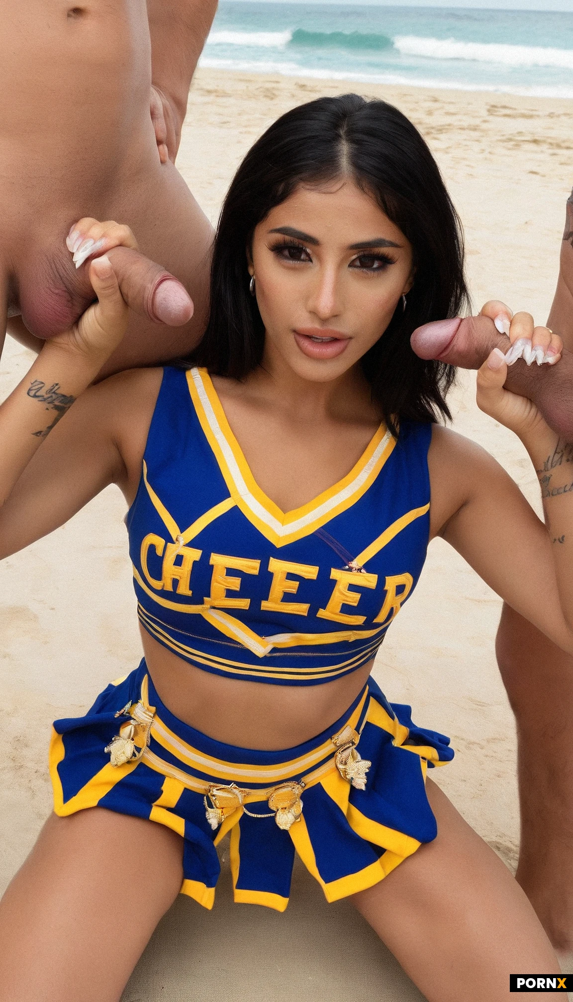 double handjob, kneeling on the beach,cheerleader outfit, focus on her cheerleader top,slutty girlfriend,cute model,cute babe face, latina, long hair,tease pose,black hair,looking at you,slightly tanned skin ,seductive,provocative look,horny slutty fucking look