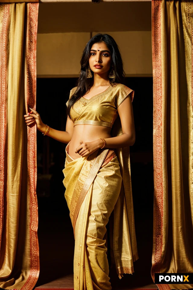 Generate an image of an exotic Indian woman with dark smoldering eyes, wearing a gold and blue embroidered saree worn low on her hips, standing against a backdrop of rich tapestries and silk curtains, with one hand touching her lips invitingly