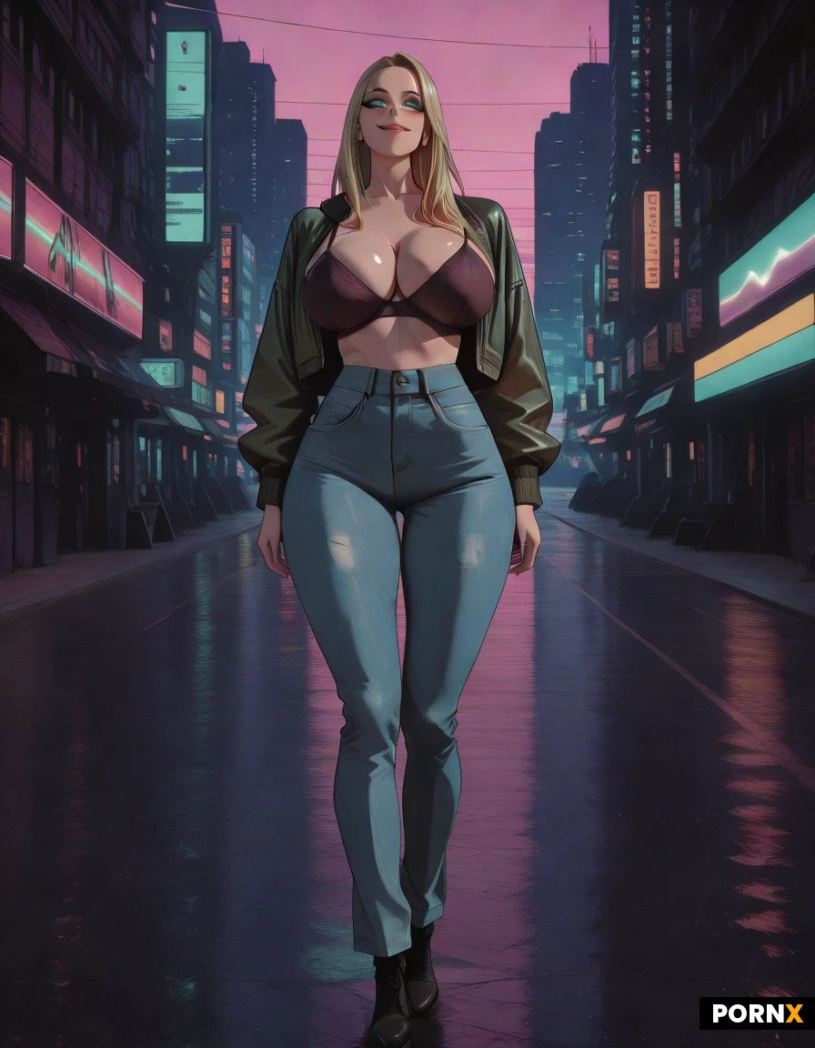 Woman,milf, Russian, very Large breasts, Makeup, Busty lips, Big eyes, Horny face, Happy face, Long hair, Green eye color, Bra, Casual, Jacket, Jeans, Decollete, Full body, very sexy, Cyberpunk city, Cinematic light, Low light, 3D, Realism, 30 Years old, Blonde hair, massive boobs