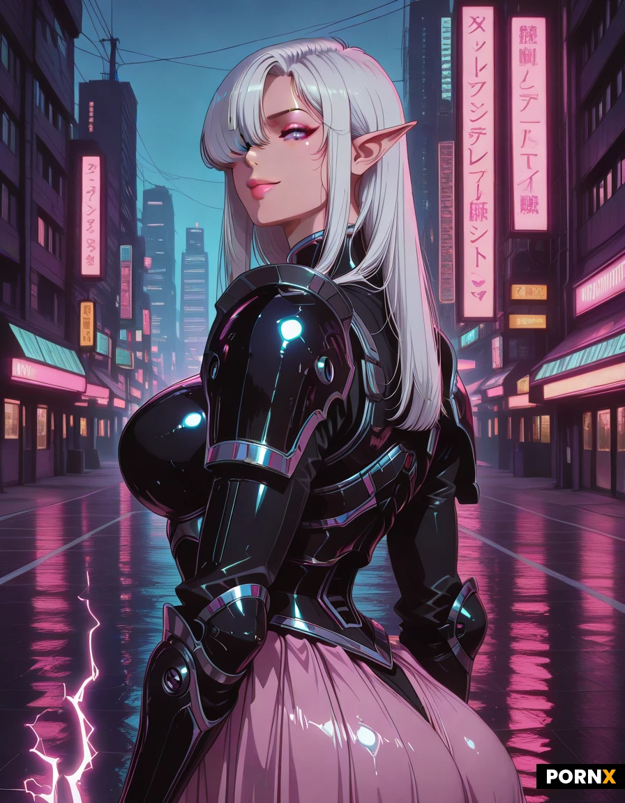 one Woman, 20 Years old, Japanese, Elf, Busty, Big breasts, Large ass, Rounded ass, Seductive smirk, Makeup, Busty lips, Big eyes, Small nose, Narrow jaw, Cute face, Horny face, Slicked hair, Straight hair, Long hair, Purple eye color, Decollete, white hair, holding sword (weapon), 1girl, solo, upper body, (hair over one eye), retro artstyle, 1980s (style), armor, makeup, lips, magical girl, frilled dress:1.1), armored dress, armored skirt, black neon_armor, black armor, holding weapon, odachi (weapon), magical girl outfit, Retro Anime. beautiful female cyber samurai, standing confidently in the middle of a neon-lit rainy street, cinematic cyberpunk city background, glowing japanese signs, wet asphalt reflections, futuristic Tokyo vibe, environment, pink and blue lighting, soft rain atmosphere, full-body view, elegant armored kimono with cherry blossom patterns, high-tech black and white samurai armor,, traditional meets futuristic style, two glowing silver energy katanas, electricity effects, calm expression, intricate armor details, dynamic composition, cinematic lighting, moody atmosphere, ultra realistic, sharp focus, professional concept art