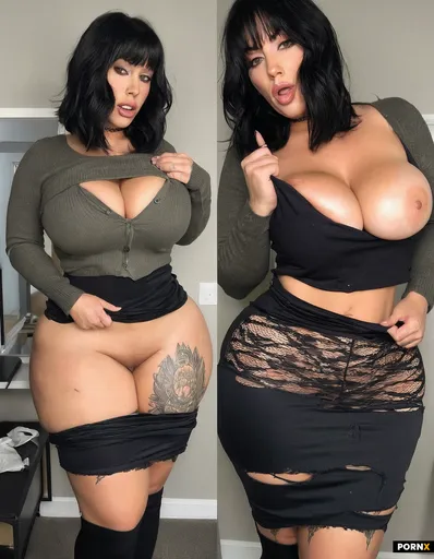 "a hot model experiencing an expansion transformation causing her to grow out of her clothes with bi