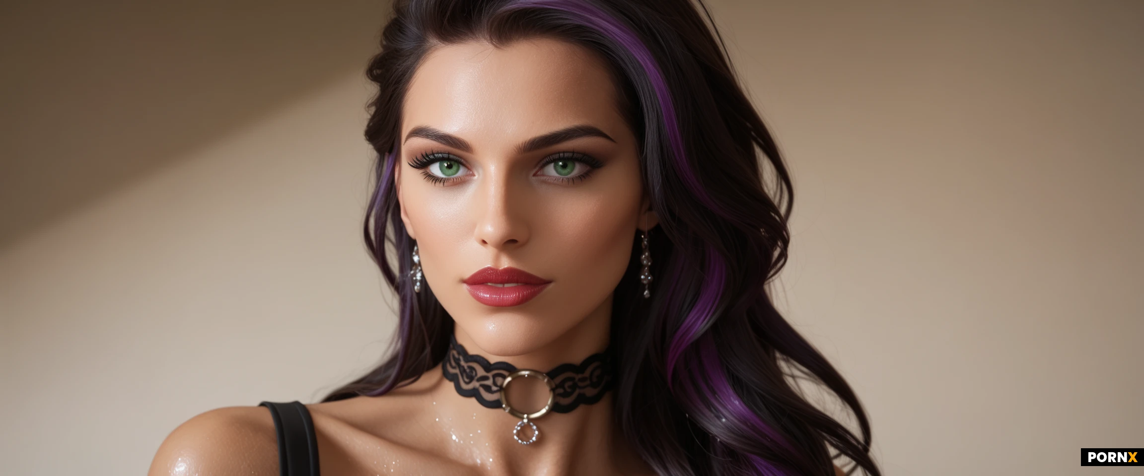 ((extreme zoom-in close-up face image: 1.5)), masterpiece, best quality, highres, absurdres, 1 very seductive supermodel woman with slender angular features, very pretty, babe face, beautiful and stunning mature woman, oval face, firm wide jaw, one eyebrow arched up very mischievously, very sly seductive slight half smirk, elegant flirtatious face, long slender pointed nose, firm wide jaw, solo, close-up: 1.5,very long: 1.5 messy hair, long bangs over her eye, long black hair, (thick purple highlights: 1.5), undercut hairstyle, brilliant luminous (green eyes: 1.5), heavy black eyemakeup: 1.5, mascara: 1.3, eyeliner: 1.3, dark tan skin, very intricate choker, wet, flawless skin, detailed green eyes