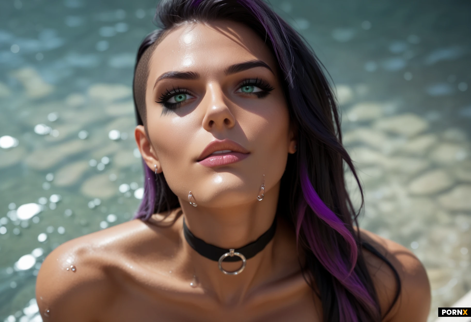 she is very seductive, flirtatious, view from above,(extreme closeup face portrait),beautiful woman sucking dick, deepthroat, cock all the way down her throat, throat bulge, ballsdeep, very long thick black hair: 1.5,(long thick purple highlights: 1.6),sidecut,(seductive green eyes: 1.5),heavy black eyeshadow makeup: 1.5,dark tanned skin: 1.3,very sly seductive smirk,choker,water dripping from her lips and chin,nude cleavage,water droplets on her breasts, attractive pointed nose,