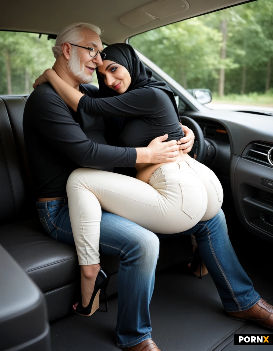 Hijab, skinny body, belly ,nose pericingpiercing,pretty, petite,naturell,blue eyes,Jeans,Plattform High Heels, blouse,very big huge ass,,chilling,old man black Haar, ,hug ,whiteJeans,Black tshirt,sitting,car,forest,dark