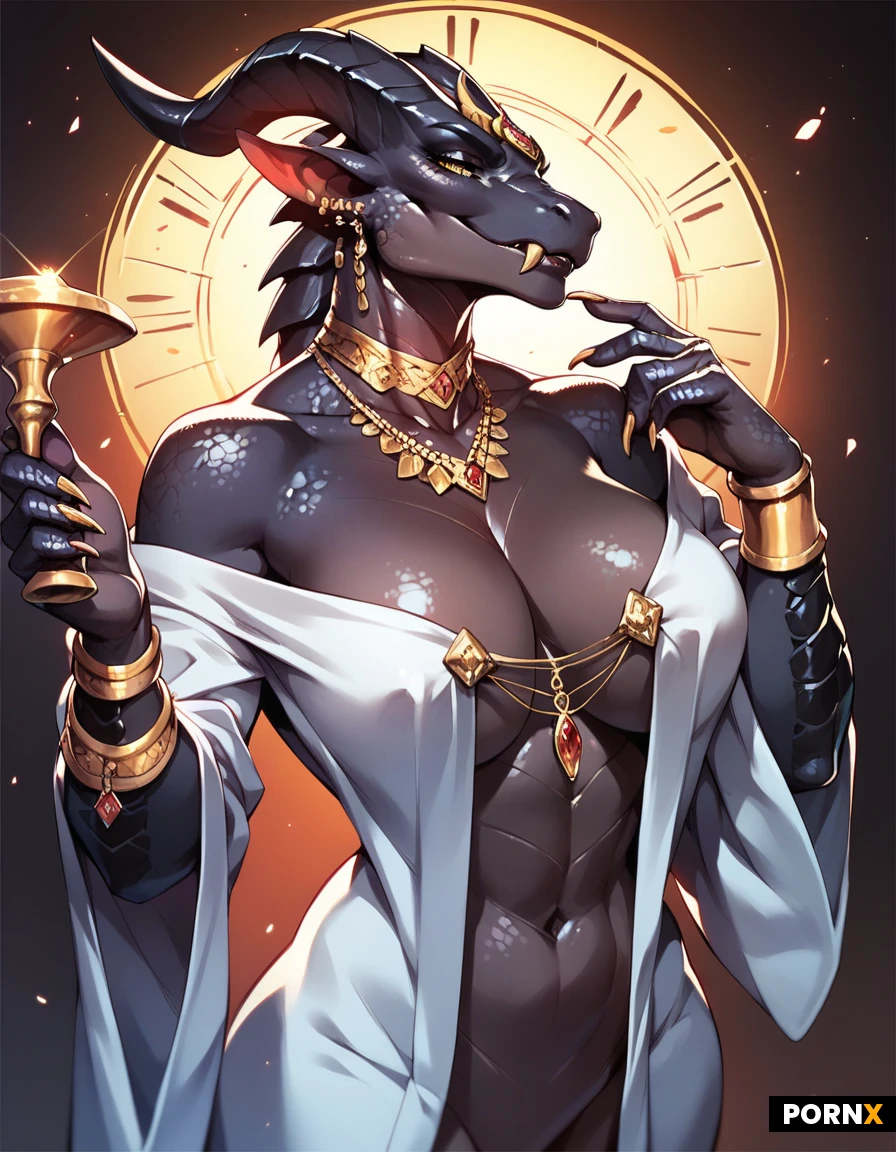 Busty,Curvy,Seductive,Voluptuous,Silver Robe sliding off shoulder,Gold Jewelry,Black Scales,Behemoth,Goddess,Powerful,Alluring