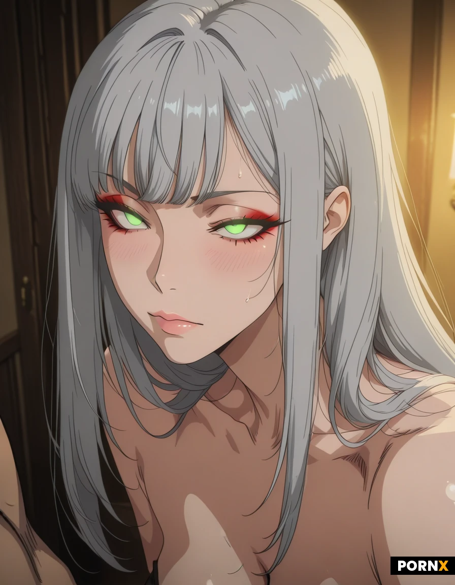 Generate an image of The female character has a mature, attractive face with soft features, fair bronze skin, and a light natural blush on her cheeks. She has large, expressive eyes that appear golden imperial yellow or brighter in some lighting, with long ashen lashes and subtle makeup. Her hair is long, sleek silvery gray with a luscious strands and volume that frames her face, often with slight fringe or bangs. her body is toned yet soft and feminine, busty and curvaceous. She's taller than her lithe and toned, skinny boyfriend who is long haired with red wolf and bushy tailed who she is being guided away from his intense, glowing, solid green eyes with no pupils and irises that stare into her despite his neutral expression. He's trying to impregnate her. The woman is almost 6 feet tall while the shorter man is 5,5, shorter than her.