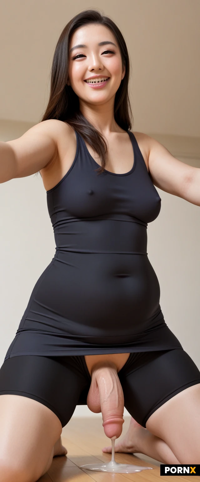 Futanari, Korean, big ass, rounded ass, (close-up portrait: 1.2), wariza, kneeling, reaching down, orgasm face, sitting on floor, yoga pants, (chubby: 1.2), sheer leggings, front view, view from below, holding ass, small cock, (dripping clear liquid out of penis: 1.3), flaccid penis, tank top, long sleeves, (tight minidress: 1.5), (yoga shorts: 1.2), (cum fountain: 1.1), big waist, (rounded belly: 1.2), Pale skin, small breasts, saggy breasts, erect nipples, asian face, big eyes, long hair, cute face, smiling face, wearing braces, Makeup, day light, (large ass: 1.2)