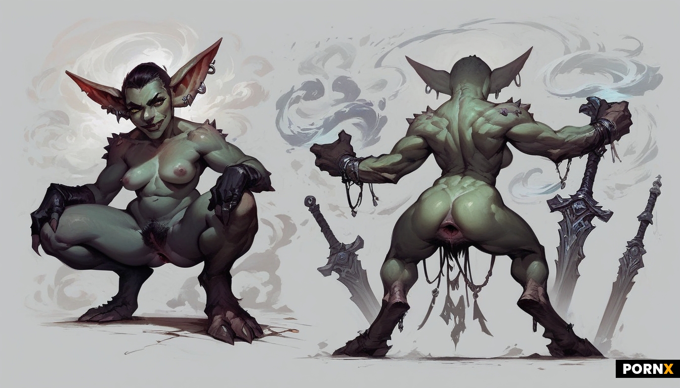 concept-art painterly + goblin + white background + naked + extreme spreading anus