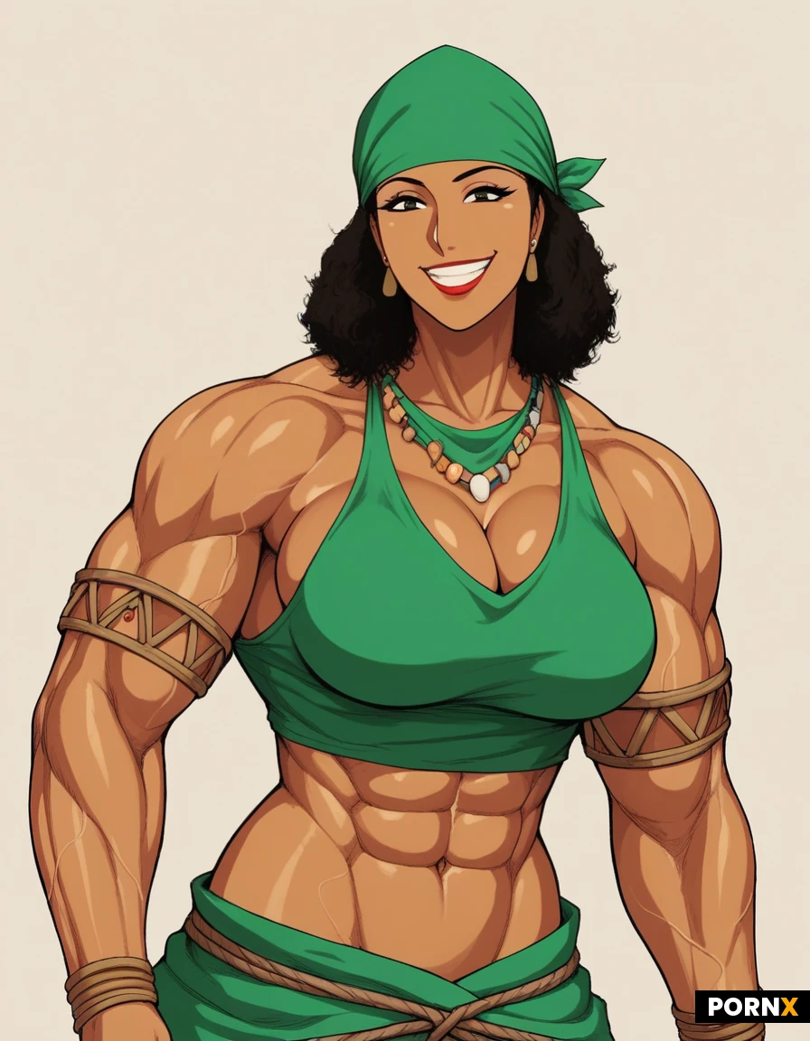 (Anime). Feminine. Tribe cosplay. Muscular. Goddess. Bandana. Smile. Medium hair. Thick. Buff. Tan skin. Bulging veins. Biceps. Tank top. Midriff. Broad