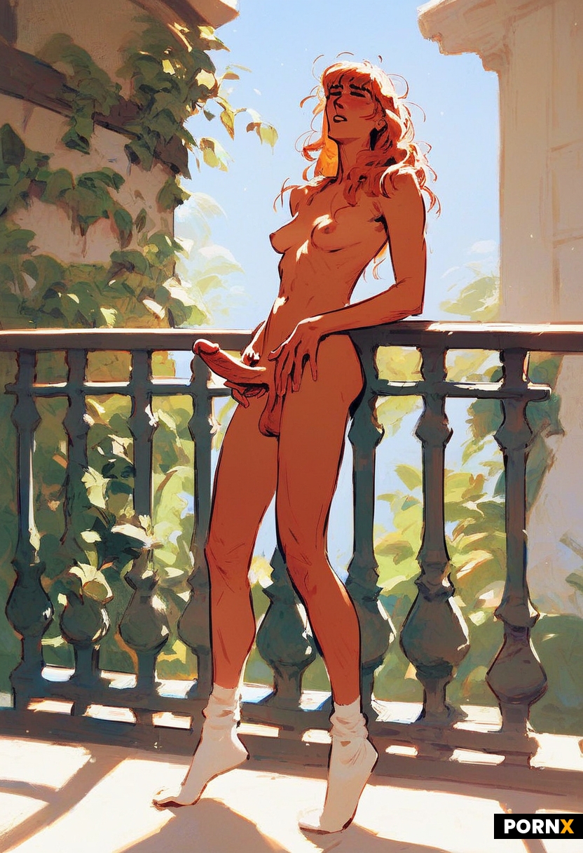 50-years old futanari masturbating on balcony