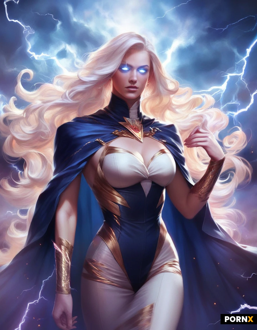 high definition, super realistic, pretty heroine, pretty face, curved jody, long flowing white hair, solid white glowing eyes, toned skin, wearing the iconic 90s white and gold bodysuit with a dramatic flowing dual-cape attached to wrists, Conjuring bright blue lightning bolts in her hands. background, dark stormy sky, with dramatic thunderclouds and bright lightning flashes ,detailed face, detailed eyes, dynamic angle