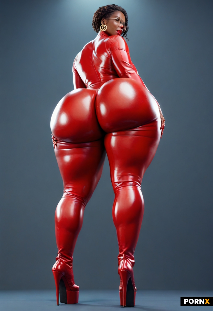 Ebony dark skin African Caribbean curvy thick woman short fade course hair round glasses red lipstic