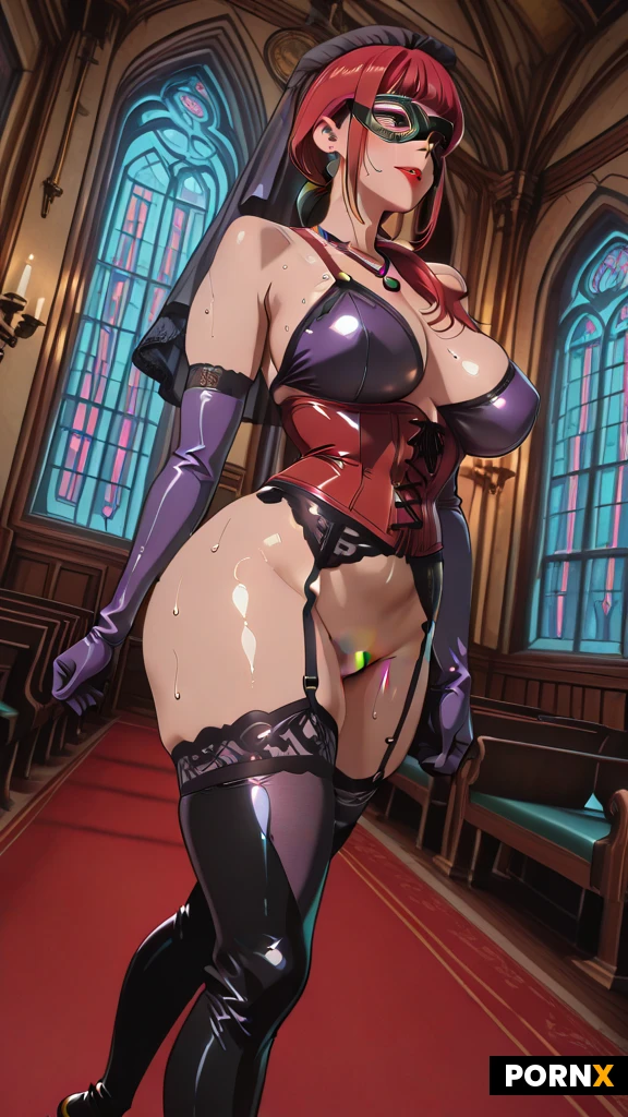 high definition, steampunk style, pretty woman, red hair, pretty face, curved body, low ponytail hair style, face bangs, eye mask, elegant necklace, elegant earring, red lip, big breast, spike choke, red strap corset with black lace, purple elbow gloves, (dark leather garter belt stocking, no thong :1.2), high heel, thick thighs, sweaty body, sweaty breast,, few pussy hair, she is walking blindly, with her hands eextend forward, background, great church room, stained windows, elegant red carpet table, candles, detailed face, realistic texture of stocking and veil, low angle, dynamic angle