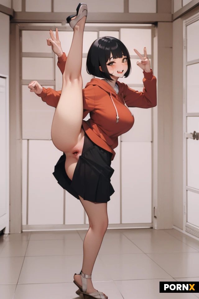 Woman, One, 18 Years old, Japanese, Fit, Big breasts, Large breasts, Medium ass, Cute face, Happy face, Black hair, Bangs, Bobcut, Slicked hair, Brown eye color, Mini skirt, Cleavege, Full body, Dance pose, Standing, Thong, Hoodie