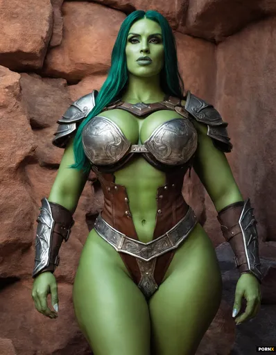 A voluptuous 25-year-old female orc with deep emerald-green skin
