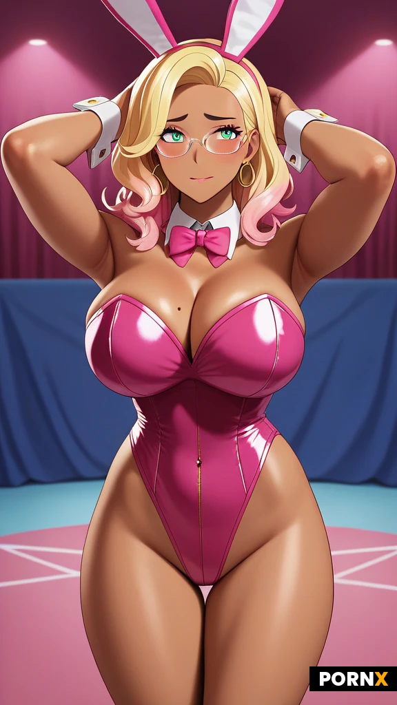 cute gyaru girl, brown skin, rendered in ultra-detailed anime eyes, clear-rimmed glasses, jewelry, medium hair, big and soft breasts, slender thighs, slim body, embarrassed face, lovely look at you, incredible decollete, (sexy pink bunny suit1.4). (scene is erotic pose in party, party room with people in background, full pose view, night light). rendered in ultra-detailed, high-resolution anime style with crisp linework.