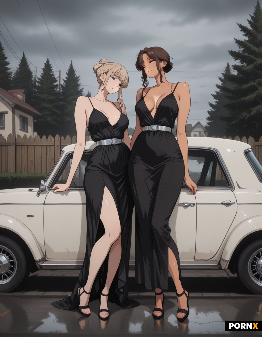 Two 20 year-old women in formal black dresses are posing back-to-back in front of a vintage burgundy