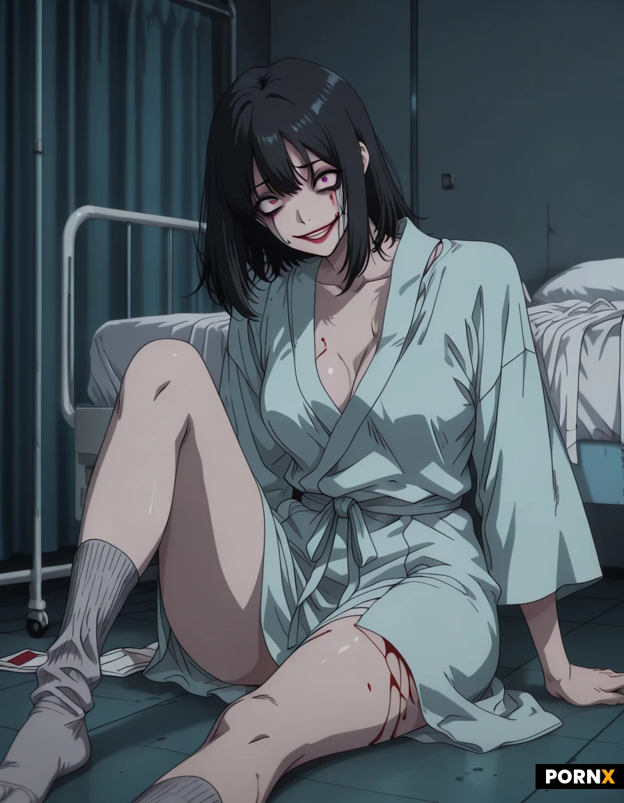 Woman, pretty face, age 22, unkempt black hair, smudged makeup, crazy eyes, loose hospital_gown, sitting on floor, grippysocks, in hospital, at night