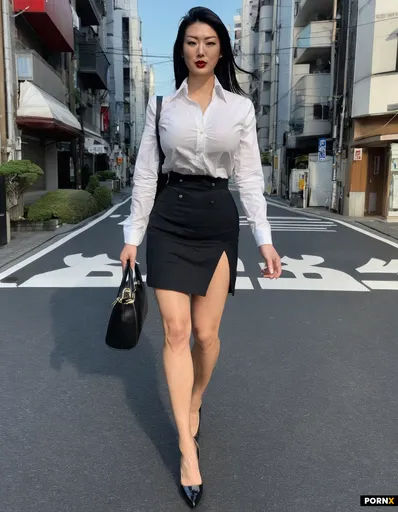 A Japanese office lady walks down the street in Tokyo