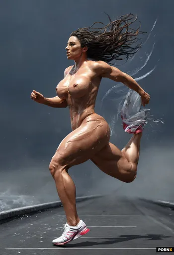 A naked beautiful female Olympic athlete with sprinter’s muscles and slightly curvy