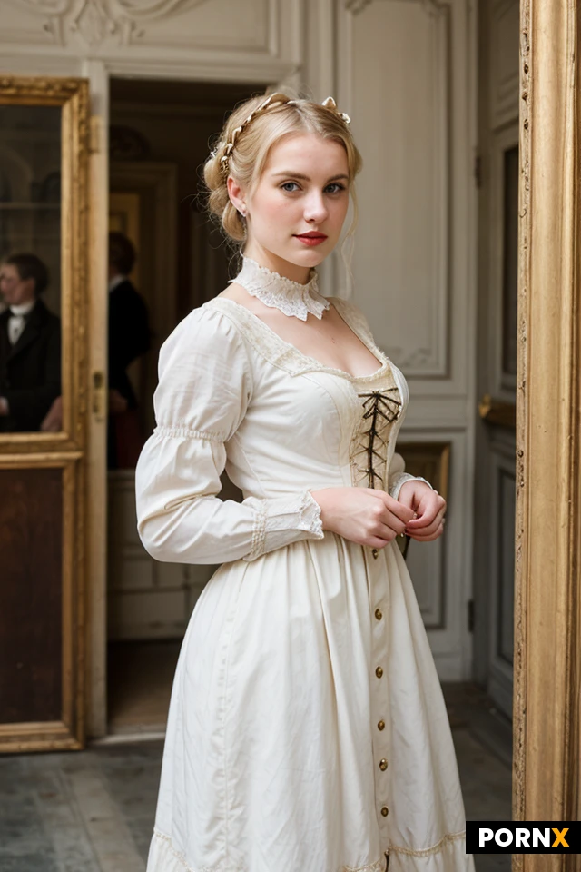 A woman in her twenties dressed as a 19th century French aristocrat, blonde hair, styled up