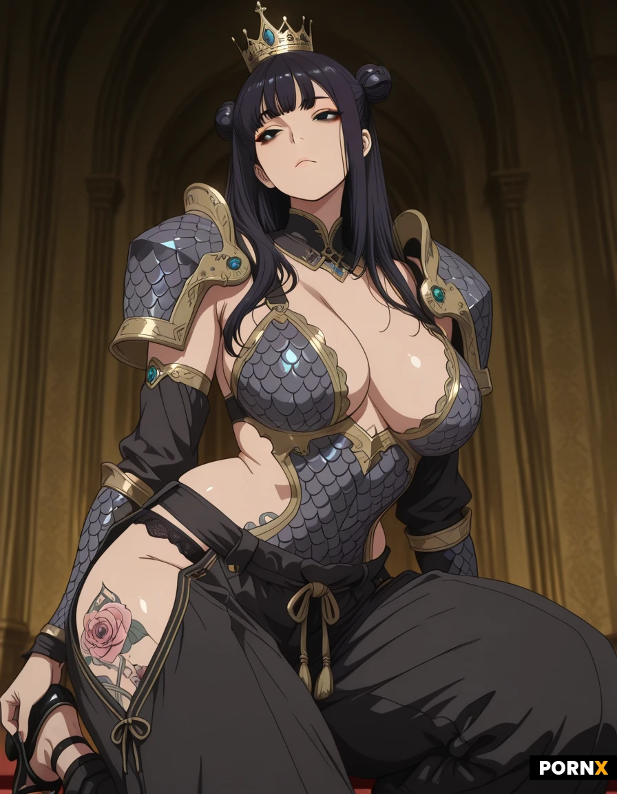 masterpiece, best quality, highres, absurdres, 1girl, solo, long_hair, dark_hair, straight_hair, hair_up, front_bun, dark_eyes, tattoo, curvy, large_breasts, scale_armor, light_scales, shoulder_pads, dark_sleeves, light_trim, decorative_pattern, loose_pants, open_shoes, crown, clear_gem