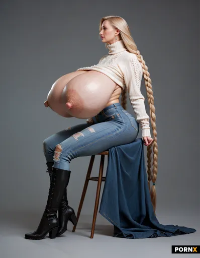 very beautiful blonde German girl with ultra extremely long pigtails with extremely gigantic fat sag