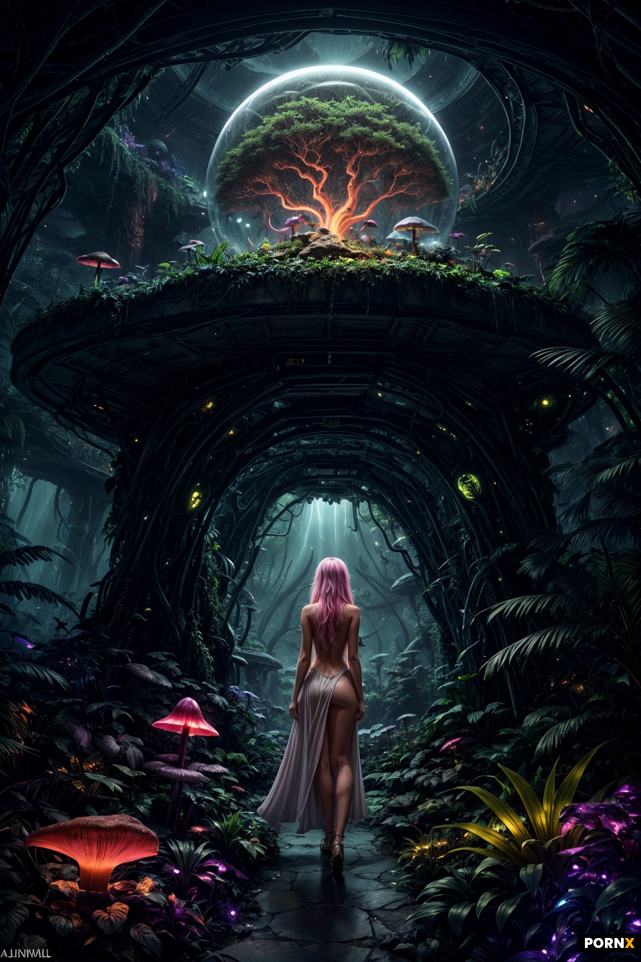 scene_description: A gorgeous woman emerges from a round glass structure that appears to be a large 