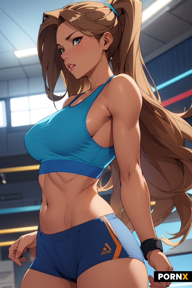 Busty woman with long straight blonde brown hair and small breasts with big ass wearing blue sports 