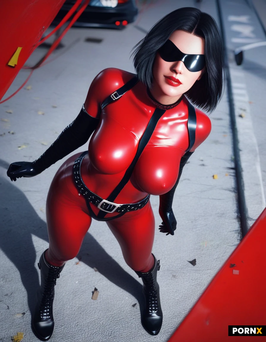 high definition, super realistic cinematic light, super heroine, curved body, big breast, bob cut hair, red lip, ( red full body tight bodysuit: 1.3), black latex elbow glove out side of bodysuit, latex thong outside of bodysuite, long black latex boots, black eye mask, straps, belts, background, emergency scense, multi police cars, police yellow tape, roadblock, serine light, detailed face, detailed eyes, dynamic angle