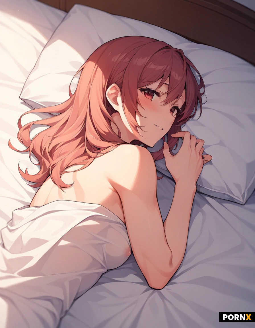 (anime,2d, beautiful 2d anime art style), beautiful, woman, laying in bed, cute anime eyes, cute, small cute perky breasts, perky, cute body, dainty, athletic in a cute way, naked, side view, erotic, sexual, breast milk dripping from her breasts, soft lighting,