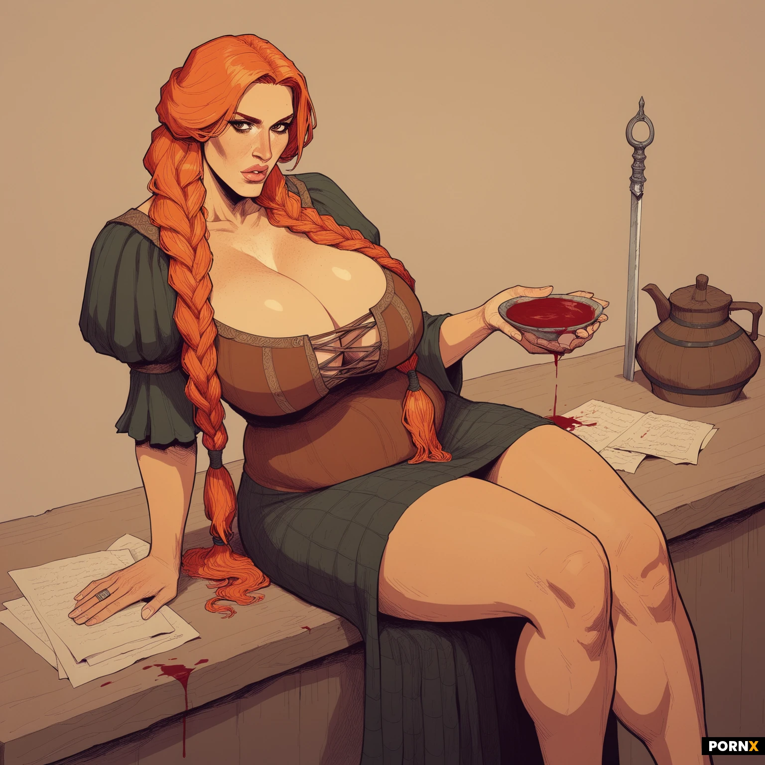 Slutty 18 year old with long braided ginger hair, sitting on a table, medieval noble' dress with lots of cleavage, huge breasts, fully clothed, wide hips, plump lips, brown eyes, 3/4 rotation, level angle, ink style